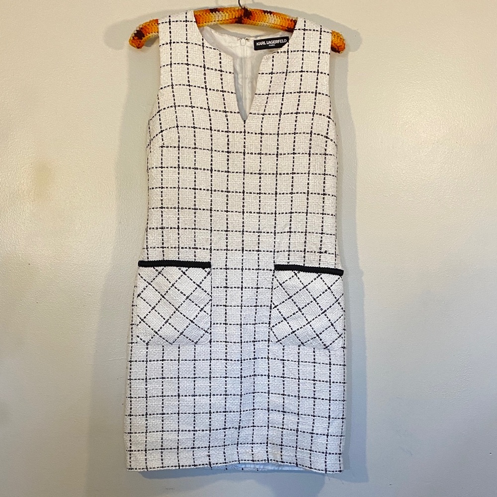 Karl Lagerfeld White and Black Windowpane Tweed Mini Dress